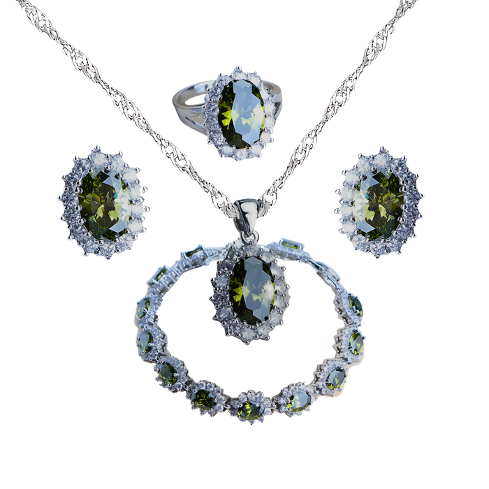 Anyco Jewelry Set 4Pcs Olive Halo Style Zircon 925 Silver Floral Ring Necklace Bracelet And Earrings Women Fashion Accessories