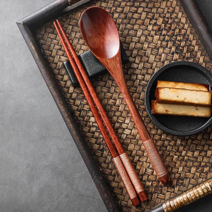 Anygleam Brown 4pcs Wooden Chopsticks and Long Ladle Set Reusable Kitchen Tableware