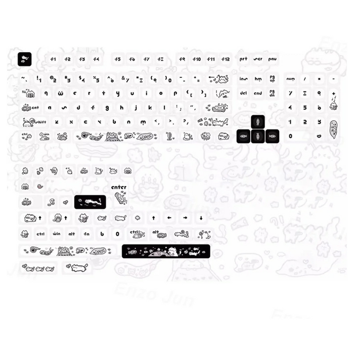 Anymob Keycap Keyboard Black White Cat 140 Keys Profile Black Cute Naughty Cat Switch Theme Layout