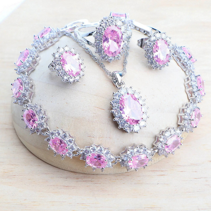 Anyco Jewelry Set 4Pcs Pink Halo Style Zircon 925 Silver Floral Ring Necklace Bracelet And Earrings Women Fashion Accessories