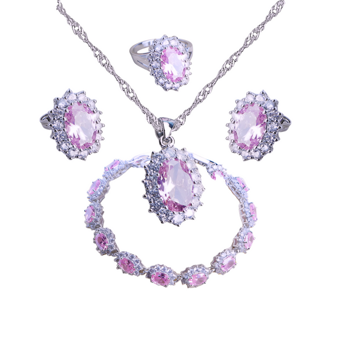 Anyco Jewelry Set 4Pcs Pink Halo Style Zircon 925 Silver Floral Ring Necklace Bracelet And Earrings Women Fashion Accessories