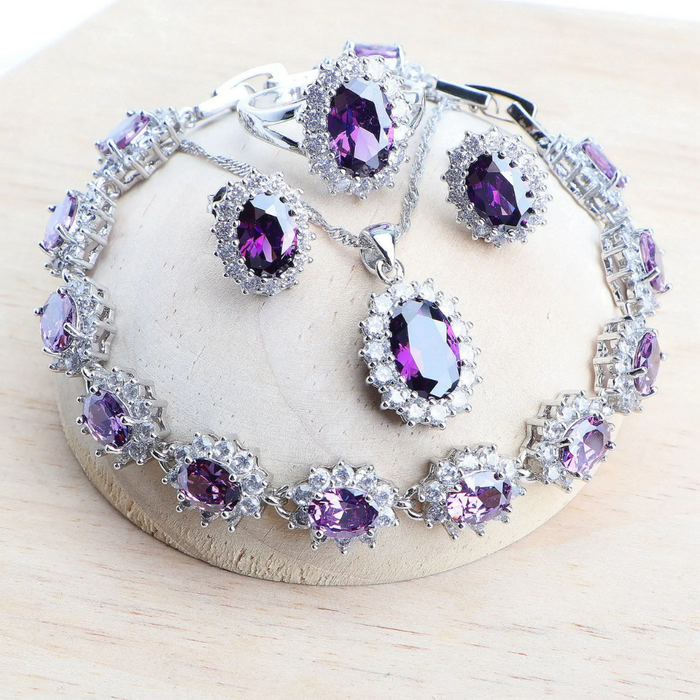 Anyco Jewelry Set 4Pcs Purple Halo Style Zircon 925 Silver Floral Ring Necklace Bracelet And Earrings Women Fashion Accessories