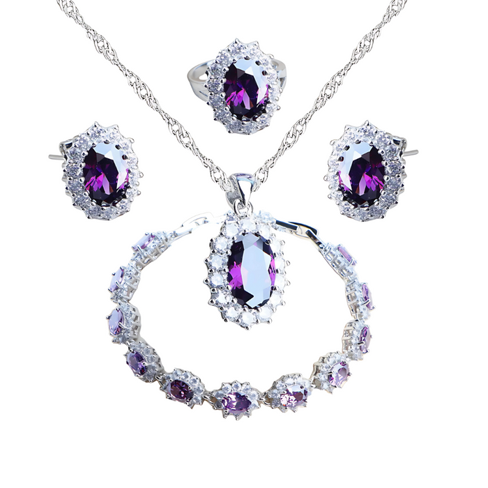 Anyco Jewelry Set 4Pcs Purple Halo Style Zircon 925 Silver Floral Ring Necklace Bracelet And Earrings Women Fashion Accessories