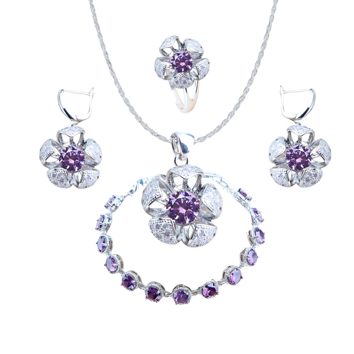 Anyco Jewelry Set 4Pcs Purple Round Stone Zircon 925 Silver Floral Ring Necklace Bracelet And Earrings Women Fashion Accessories