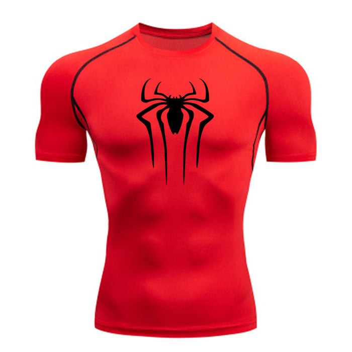 Anymens Fitness Tshirt Red With Black Spider Print Gym Workout Compression Short Sleeve Quick Dry Athletic Tops Sportswear For men