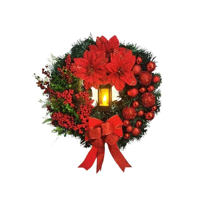 Anyhouz Christmas Wreath With Red Ornaments Poinsettia Flower Lantern Light Lamp Hanging Holiday Decor