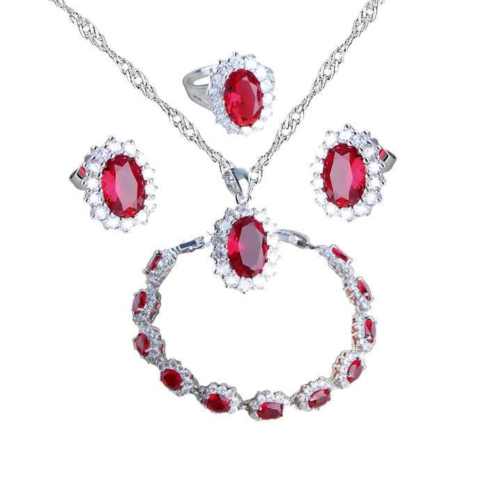 Anyco Jewelry Set 4Pcs Red Halo Style Zircon 925 Silver Floral Ring Necklace Bracelet And Earrings Women Fashion Accessories