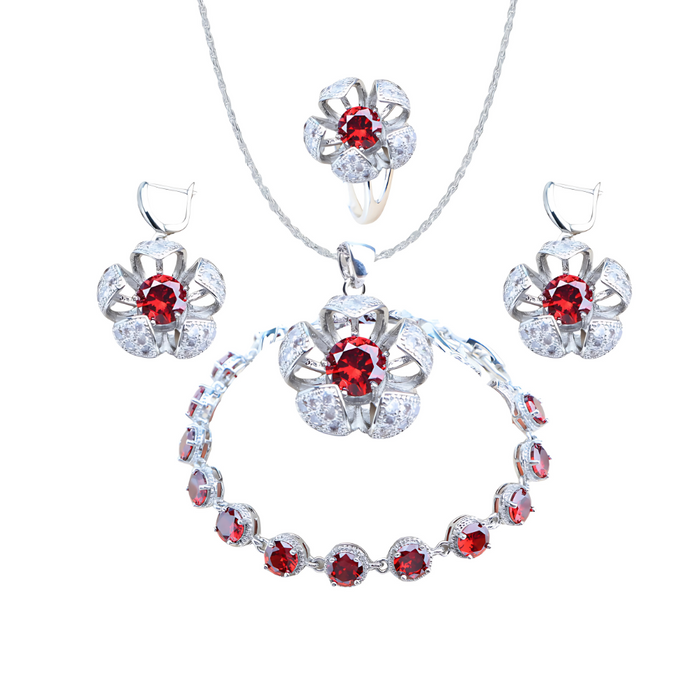 Anyco Jewelry Set 4Pcs Red Round Stone Zircon 925 Silver Floral Ring Necklace Bracelet And Earrings Women Fashion Accessories