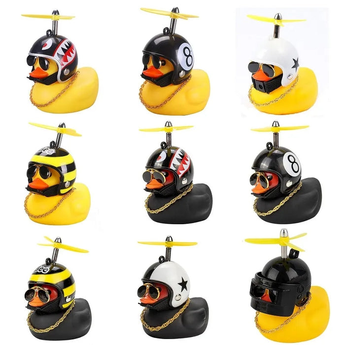 Anypack Car Ornaments Rubber Yellow Duck for Car Dashboard Decorations Cool Glasses Duck with Black 8 Ball Propeller Helmet Gold Chain