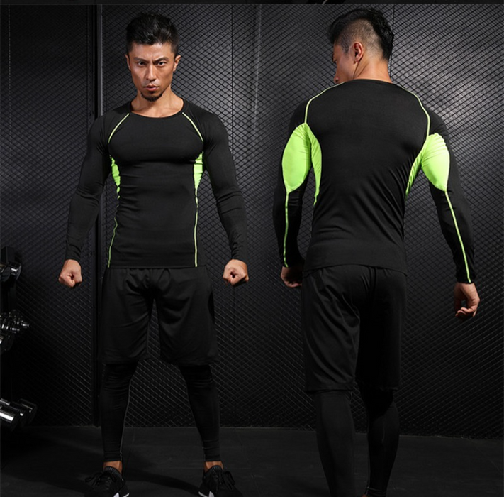 Anymens Fitness Clothes Black Set 2pcs Men Compression Green Lining Sportswear Suit Gym Tight Sports Running Workout Jogging Tracksuit Pants