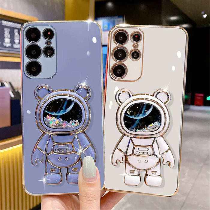 Anymob Samsung Case White Shiny Glitter Quicksand Astronaut Phone Electroplate Stand Holder Cover