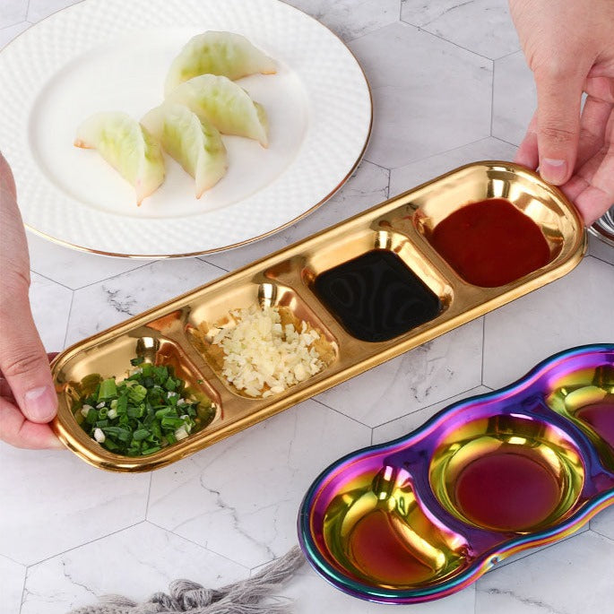 Anygleam Gold Stainless Steel 3 Grid Seasoning Sauce Dish Plates Dipping Kitchenware