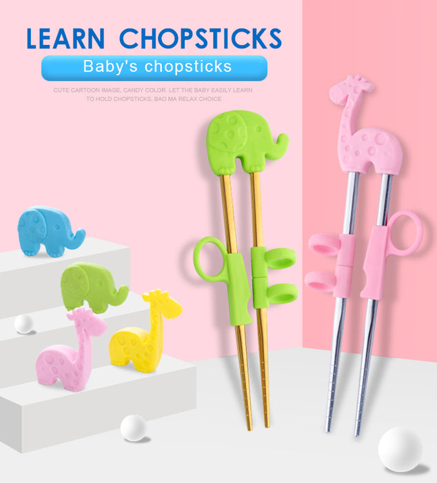 AnyGleam Chop Stick Pink Giraffe 1 Pair Reusable Silver Stainless Steel Cartoon for Kids and Children Kitchen Accessories