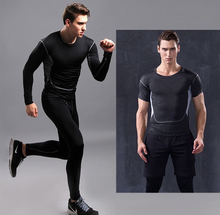 Anymens Fitness Clothes Black Set 2pcs Men Compression Grey Line Sportswear Suit Gym Tight Sports Running Workout Jogging Tracksuit Pants