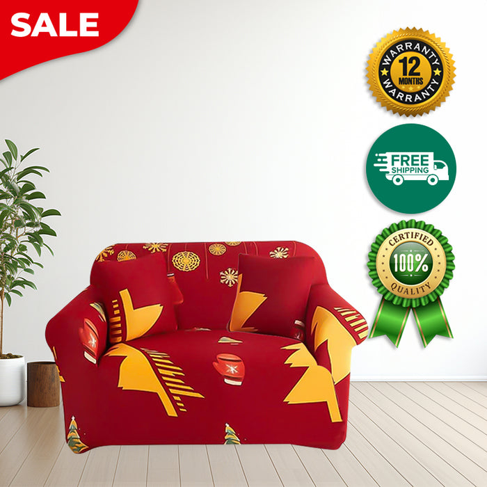 Anyhouz Sofa Cover Red Plaid Christmas Tree Bells Design Non Slip Stretchable Slipcover