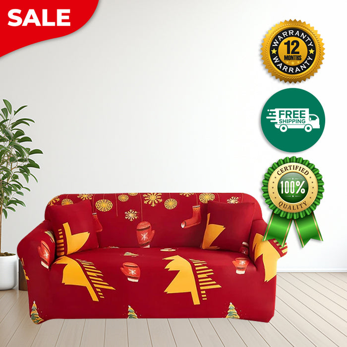 Anyhouz Sofa Cover Red Plaid Christmas Tree Bells Design Non Slip Stretchable Slipcover