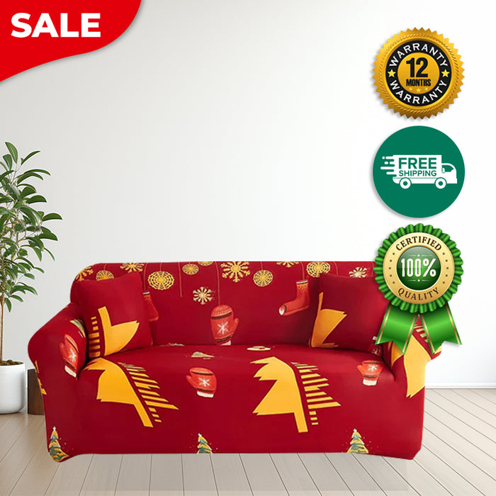 Anyhouz Sofa Cover Red Plaid Christmas Tree Bells Design Non Slip Stretchable Slipcover