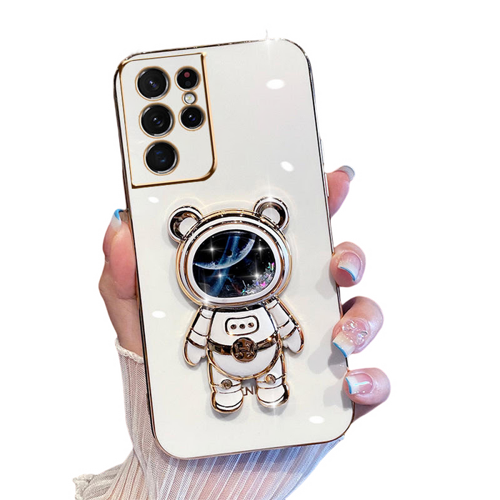 Anymob Samsung Case White Shiny Glitter Quicksand Astronaut Phone Electroplate Stand Holder Cover