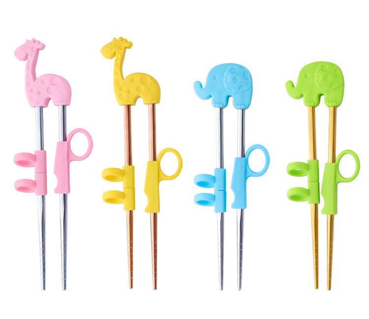 AnyGleam Chop Stick Yellow Giraffe 1 Pair Reusable Silver Stainless Steel Cartoon for Kids and Children Kitchen Accessories