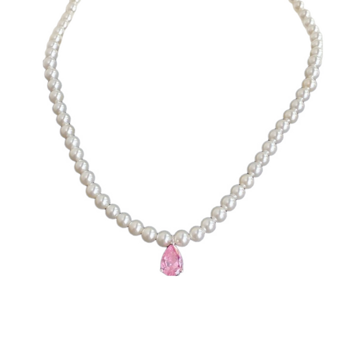 Anyco Necklace 925 Silver for Women Pink Pearl Chain Drop Charm Pendant Rhodium Platting Jewelry