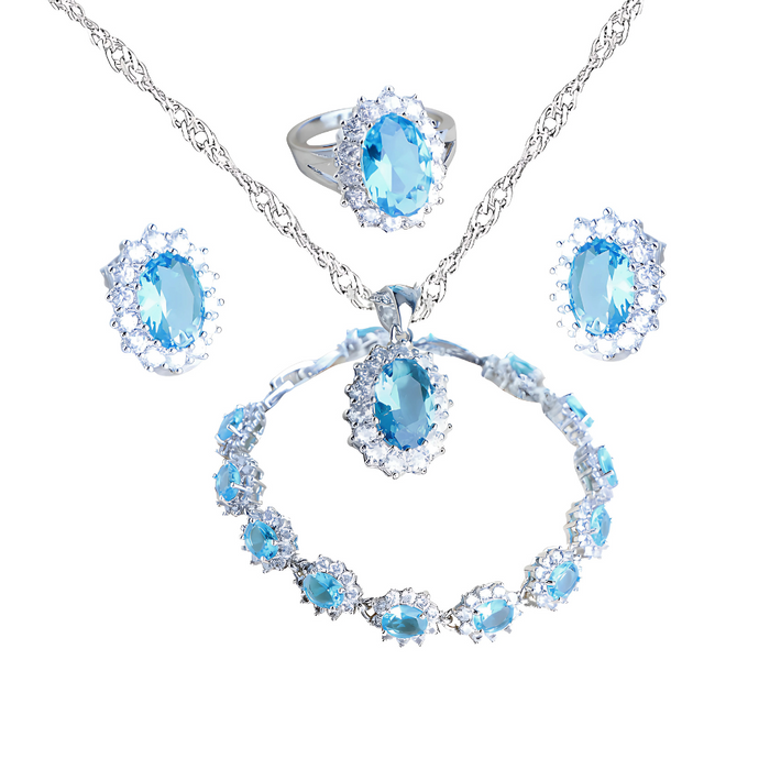 Anyco Jewelry Set 4Pcs Sky Blue Halo Style Zircon 925 Silver Floral Ring Necklace Bracelet And Earrings Women Fashion Accessories