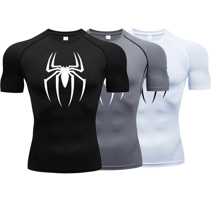 Anymens Fitness Tshirt Black With Front Back white Spider Print Gym Workout Compression Short Sleeve Quick Dry Athletic Tops Sportswear For men