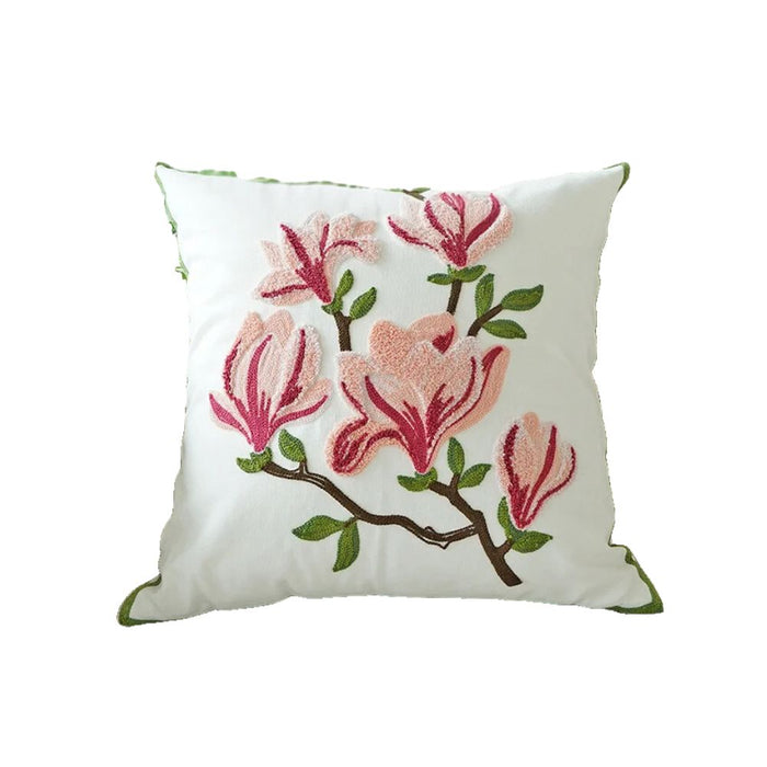 Anyhouz Pillowcase White With Pink Magnolia Flower Embroidered Decorative Cushion Cover