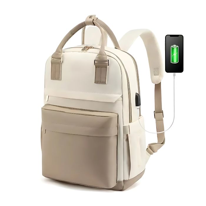 Anypack Backpack Beige Khaki Waterproof With USB Charging Port Multi Compartment Bag