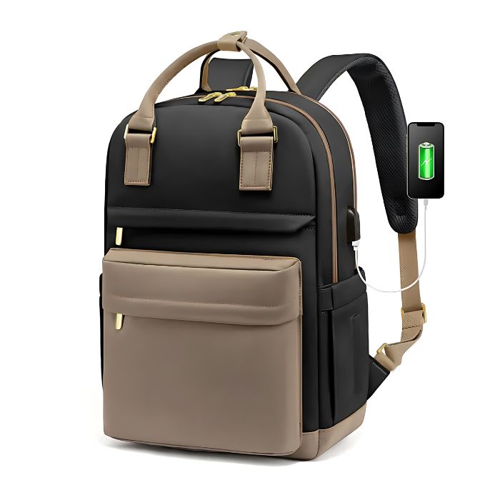 Anypack Backpack Black Khaki Waterproof With USB Charging Port Multi Compartment Bag