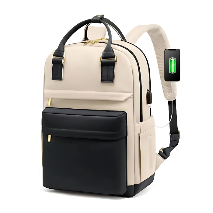 Anypack Backpack Beige Black Waterproof With USB Charging Port Multi Compartment Bag