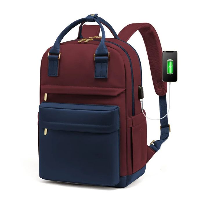 Anypack Backpack Maroon Navy Blue Waterproof With USB Charging Port Multi Compartment Bag