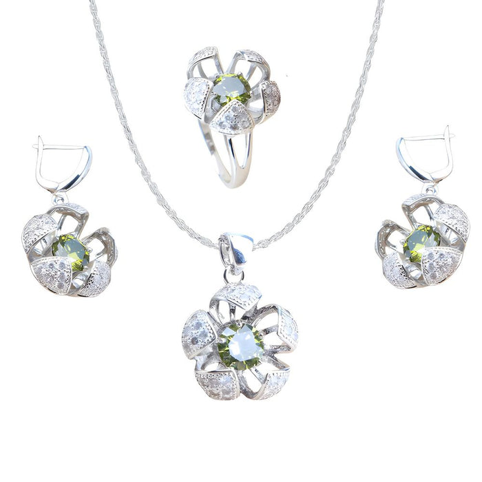 Anyco Jewelry Set 3Pcs Olive Round Stone Zircon 925 Silver Floral Ring Necklace And Earrings Women Fashion Accessories