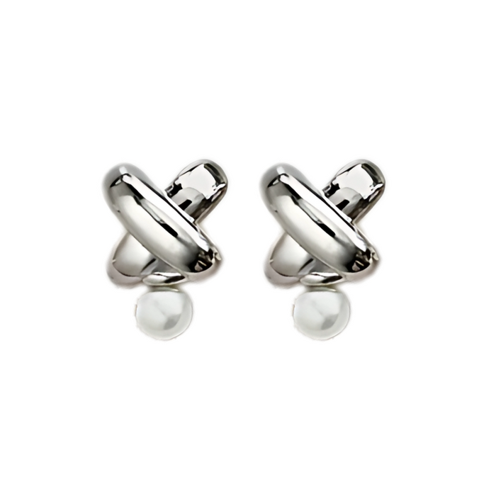 Anyco Earrings 925 Silver Cross Over Curved Pearl Studded Fashion Stylish Accessories