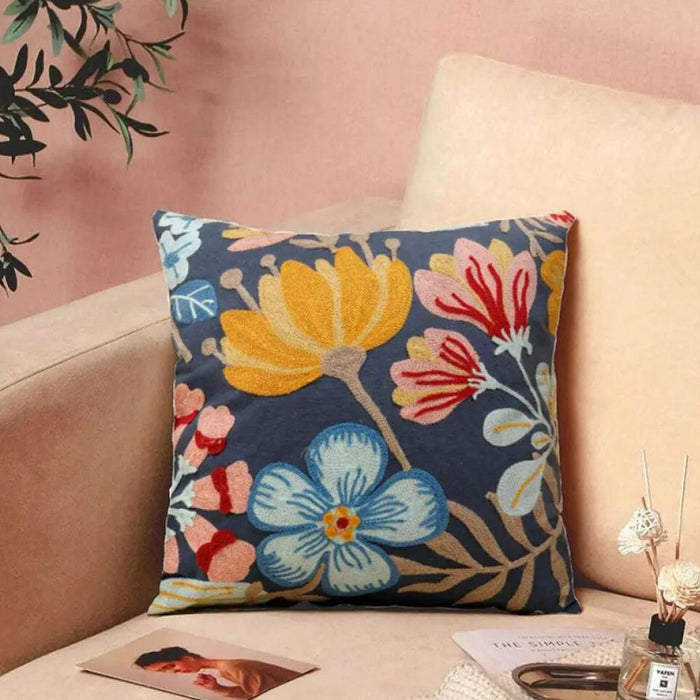 Anyhouz Pillowcase Dark Blue Floral Embroidered Decorative Cushion Cover