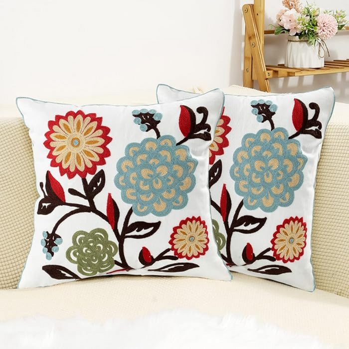 Anyhouz Pillowcase White With Large Floral Embroidered Decorative Cushion Cover