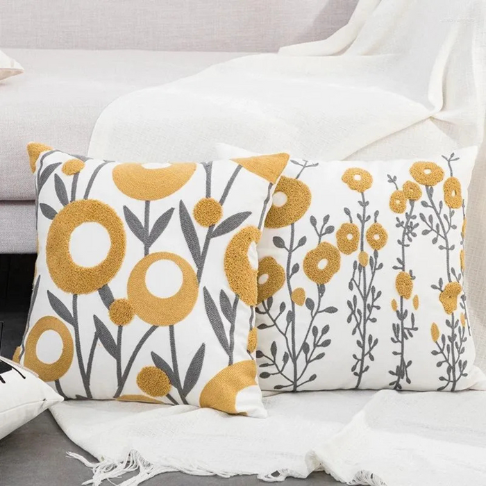 Anyhouz Pillowcase White With Yellow Boho Floral Embroidered Decorative Cushion Cover