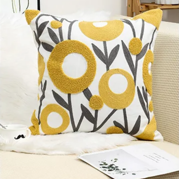 Anyhouz Pillowcase White With Yellow Boho Floral Embroidered Decorative Cushion Cover