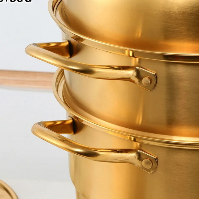 Anygleam Food Steamer Gold Three Layer Thick Stainless Steel Universal Cooking for Induction Cooker Gas Stove Steam Pot