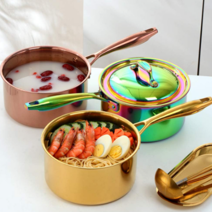Anygleam Cookware Saucepan Rainbow 304 Stainless Stainless Milk Pot Soup Noodle Small Pot Dormitory Thickening with Lid Long Handle Induction