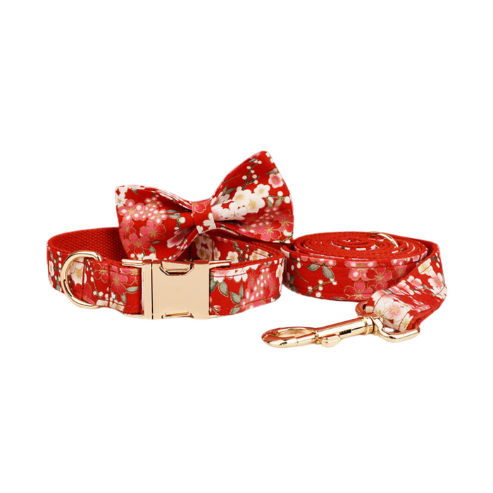 Anywags Pet Bow Collar Leash Set Red Floral Stylish Accessory with Safety Buckle Durable Strap