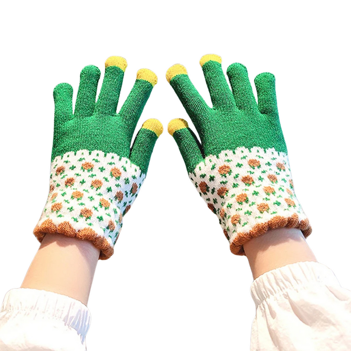 Anygloves Winter Gloves Green Thicken Fleece Knitted Hand Warmer Touch Screen Splicing Design Sweet Jacquard Mittens For Women