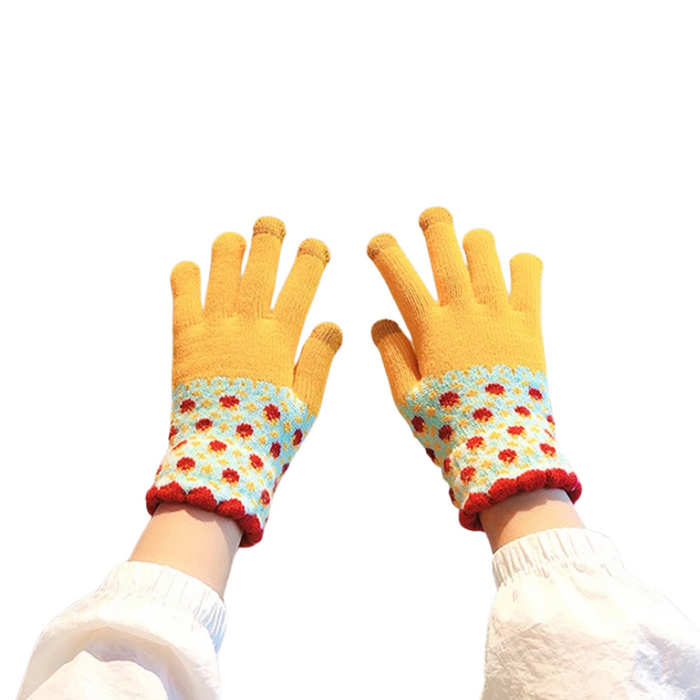 Anygloves Winter Gloves Yellow Thicken Fleece Knitted Hand Warmer Touch Screen Splicing Design Sweet Jacquard Mittens For Women