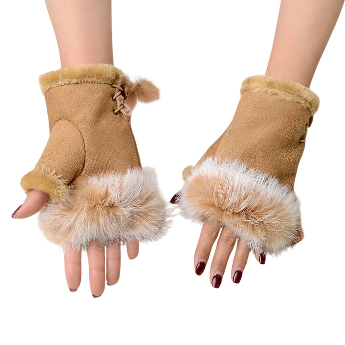 Anygloves Winter Gloves Khaki Fingerless Arm Wrist Warmers Suede Leather Faux Rabbit Fur Mitten Short Gloves For Women