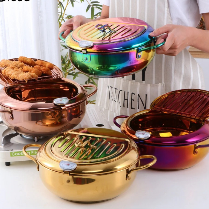 Anygleam Frying Pan Rose Gold Stainless Steel Thermometer Kitchen Utensils Tempura Fryer Pan Temperature Control Fried Cooking Tools