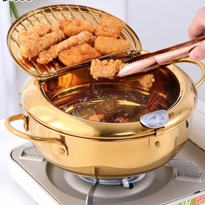 Anygleam Frying Pan Gold Stainless Steel Thermometer Kitchen Utensils Tempura Fryer Pan Temperature Control Fried Cooking Tools