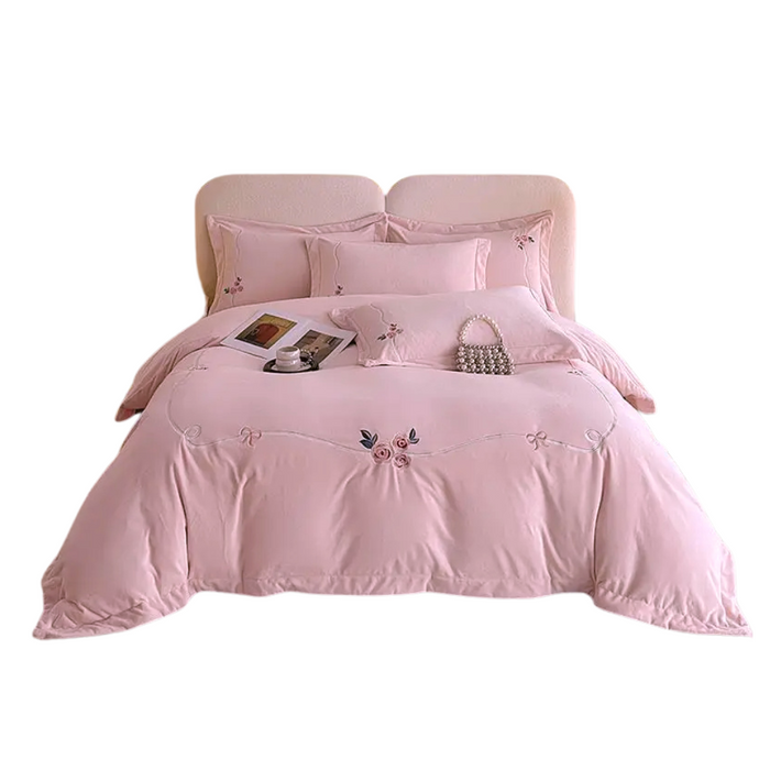 Anyhouz Duvet Cover Set Pink Flat Bed Sheet Heavy Fluffy Floral Embroidery Quilt Bedding