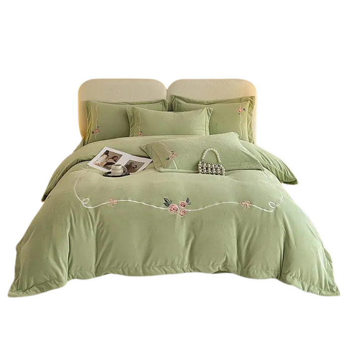 Anyhouz Duvet Cover Set Light Green Flat Bed Sheet Soft Heavy Fluffy Floral Embroidery Quilt Bedding