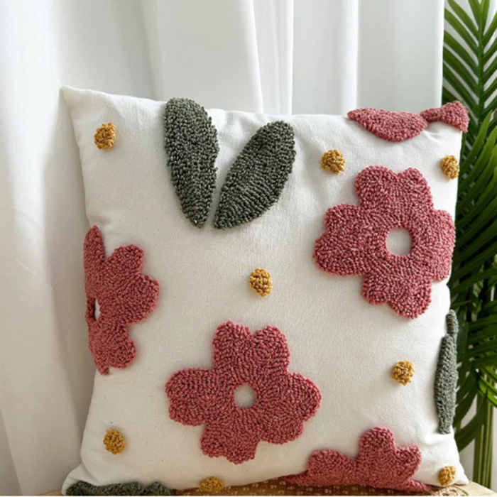 Anyhouz Pillowcase White With Pink 3D Tufted Floral Embroidered Decorative Cushion Cover