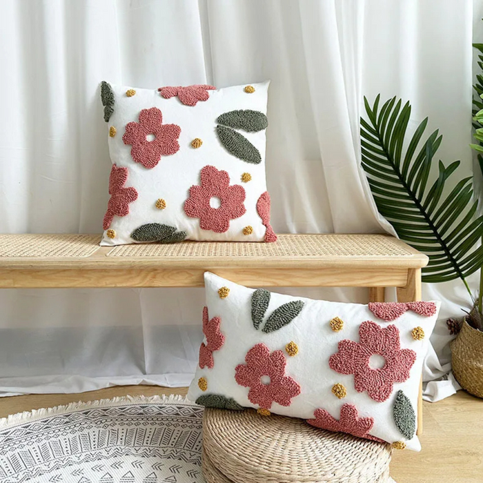 Anyhouz Pillowcase White With Pink 3D Tufted Floral Embroidered Decorative Cushion Cover