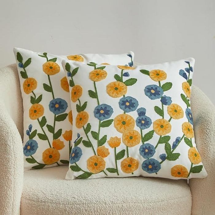 Anyhouz Pillowcase White with Yellow Blue Floral Embroidered Decorative Cushion Cover